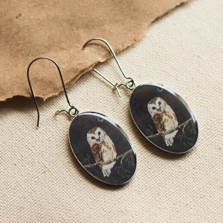Illustrated Night Theme Owl Design Resin & Stainless Steel Earrings