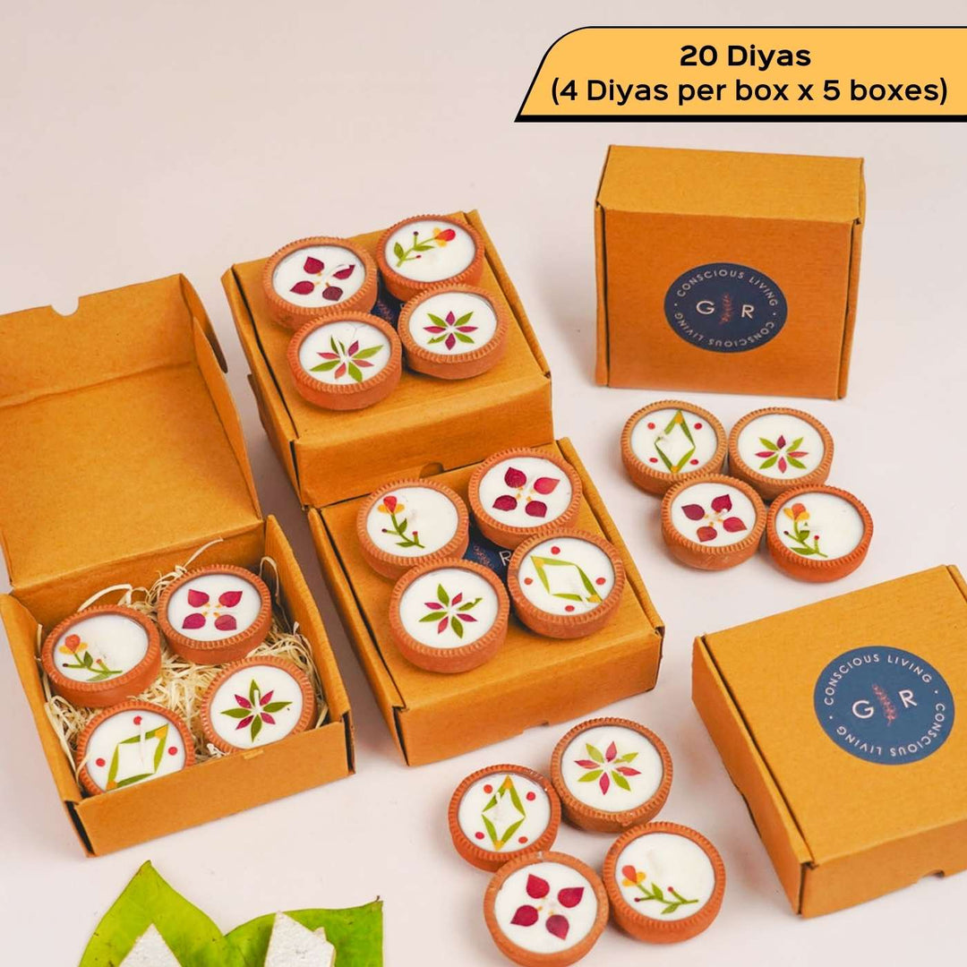 Handmade Pressed Flower Soy Wax & Earthen Festive 1 Inch Diyas