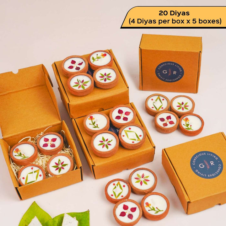 Handmade Pressed Flower Soy Wax & Earthen Festive 1 Inch Diyas
