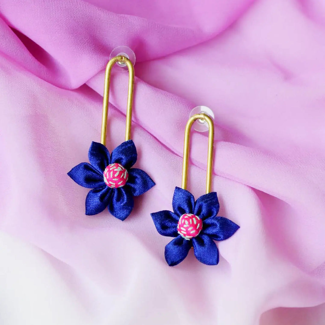Handmade Textile Art Hanging Flower Design Dupion Silk Fabric Earrings