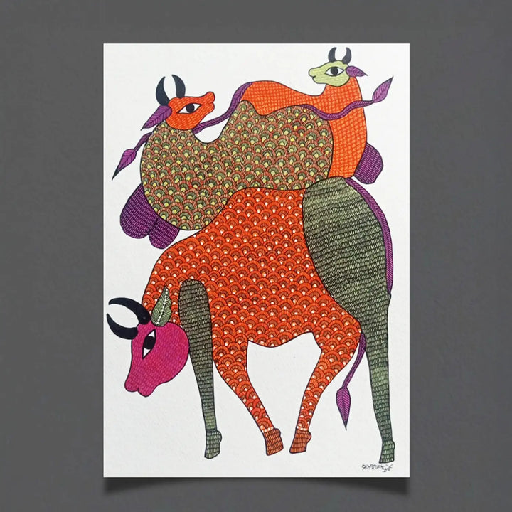 11 x 16 Inch | Cow & Calves | Original Hand Painted Tribal Gond Art Painting | Acrylic Paint On Paper