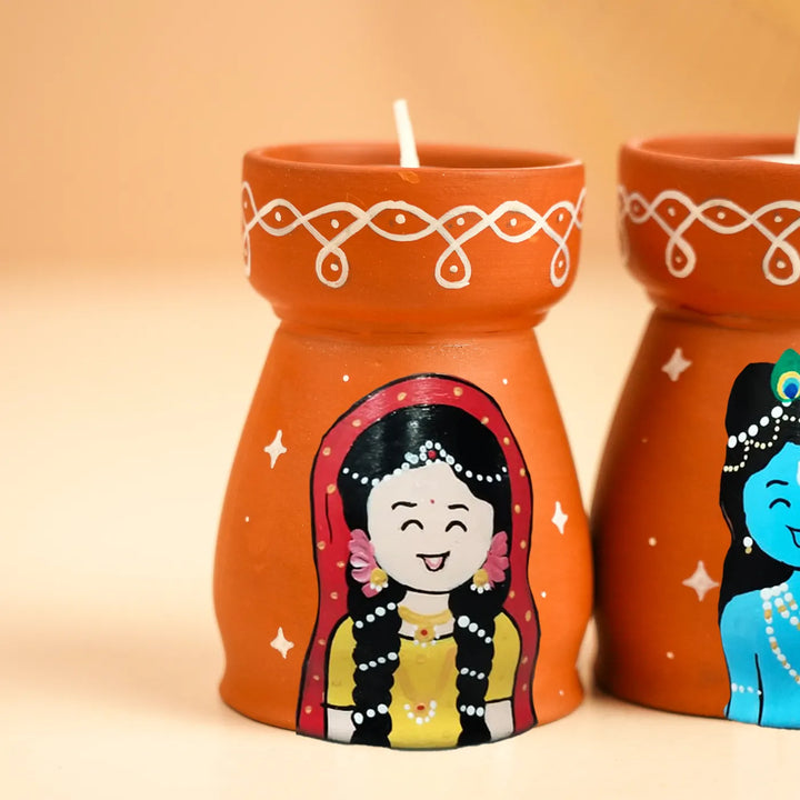 Hand-Painted Radha Krishna Terracotta Tealight Holder | Set Of 2