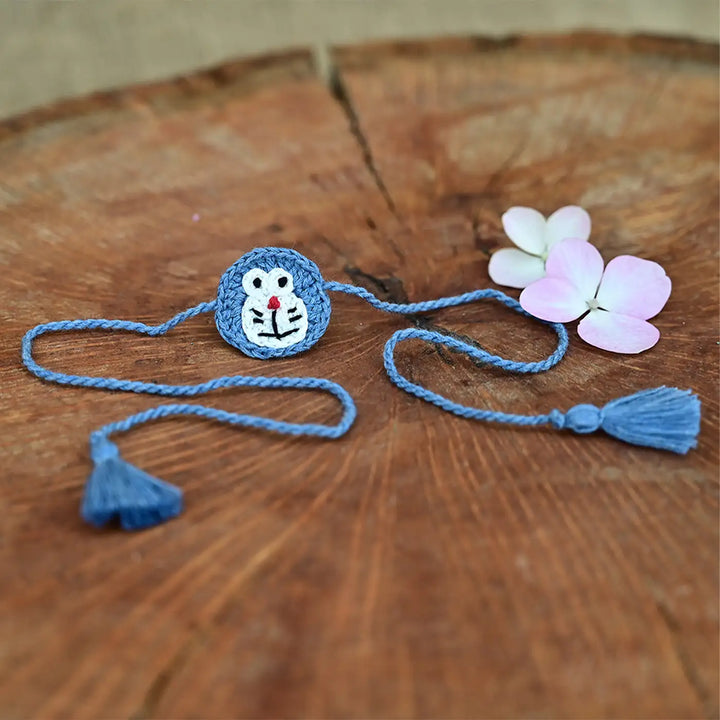 Handmade Crochet Doremon Theme Kids Rakhi With Roli Chawal