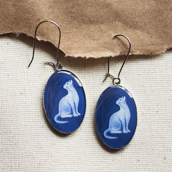 Illustrated Blue Cat Design Stainless Steel Earrings