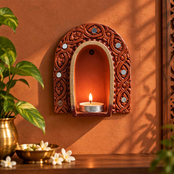 Hand-Painted "Mirror & Mitti" Arch Jharokha Terracotta Wall Decor Tealight Holder With Mirror Work For Festive Decor
