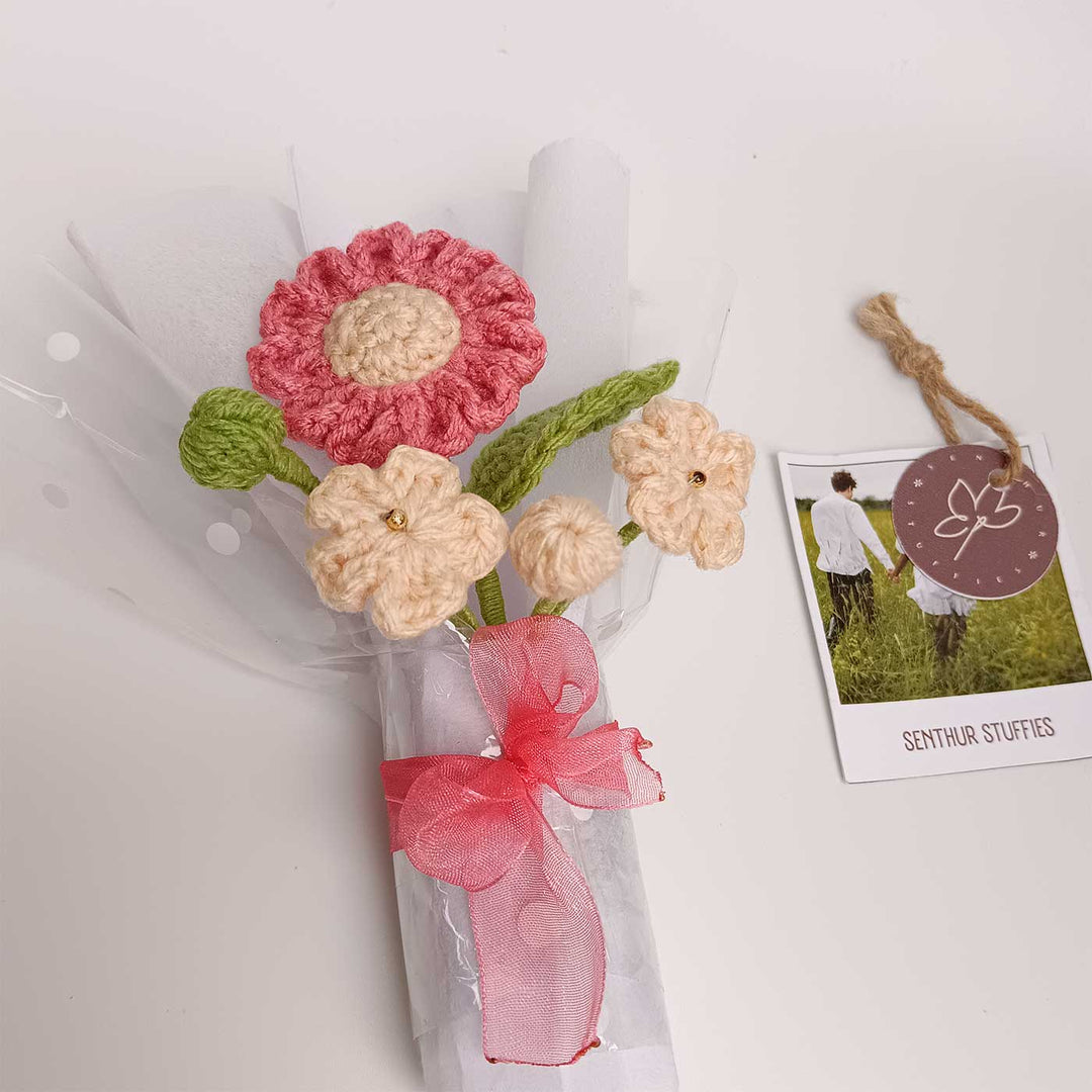 Handmade Crochet Pink & Cream Mini Flower Bouquet | Includes Photo & Greeting Card