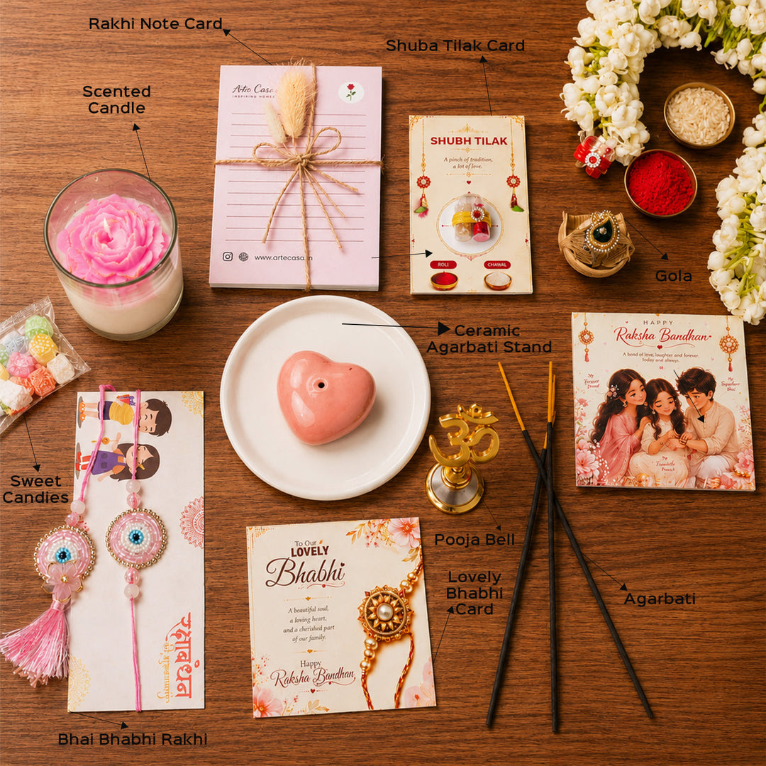 Pooja Essentials Rakhi Hamper With Scented Candle, Bell & Rakhi For Bhaiya Bhabhi