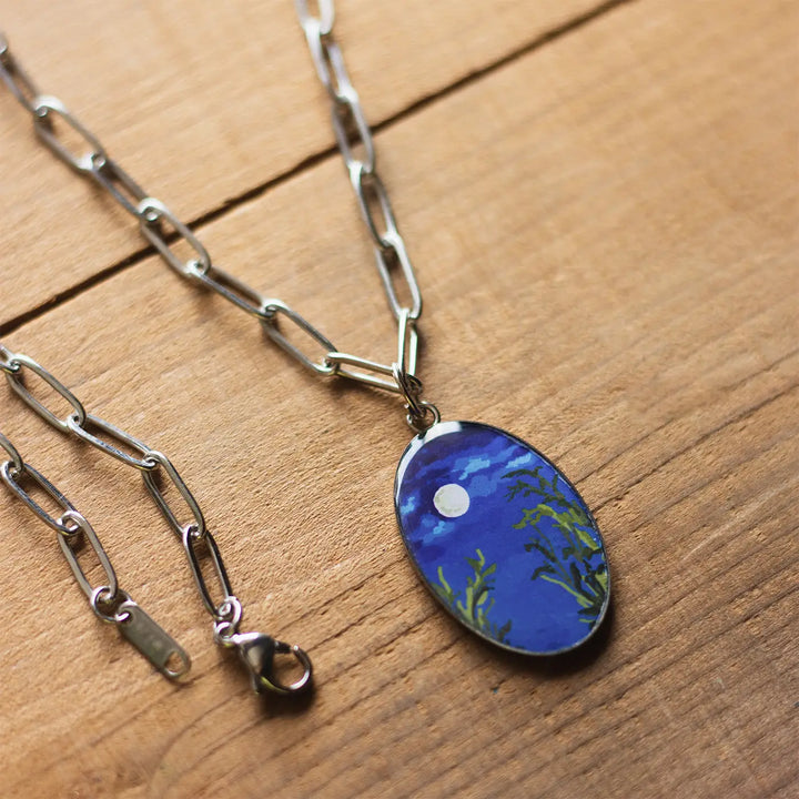 Illustrated Night Theme Moon Resin & Stainless Steel Necklace