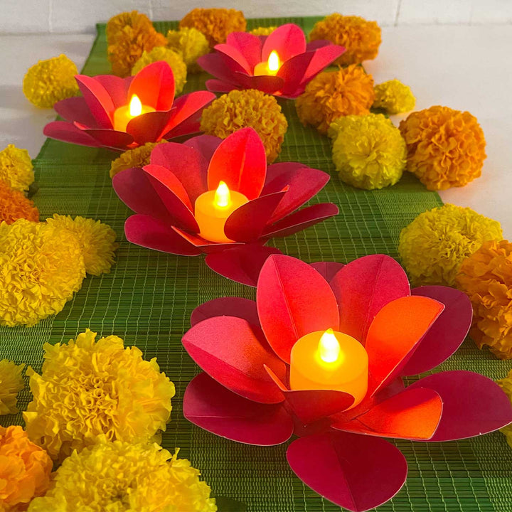 Handmade DIY Lotus Design Paper Tealight Holder With Electic Tealights | Set Of 4