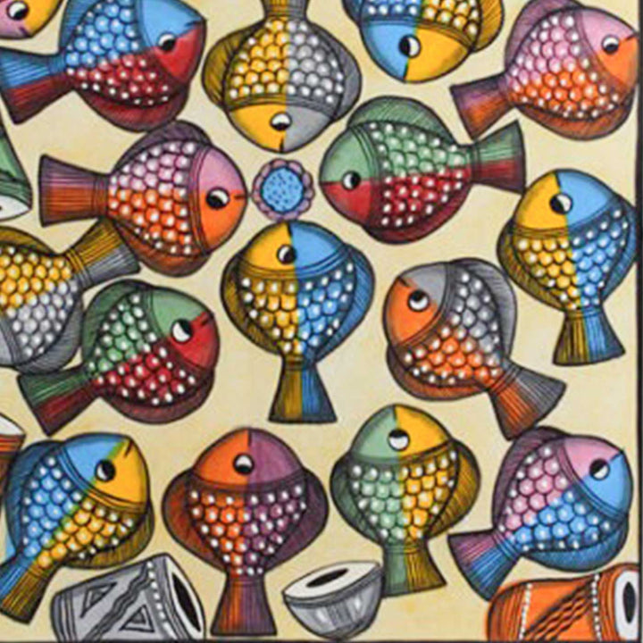 26 x18 Inch | School Of Colorful Fish | Original Hand Painted Kalighat Painting | Natural Colors On Paper