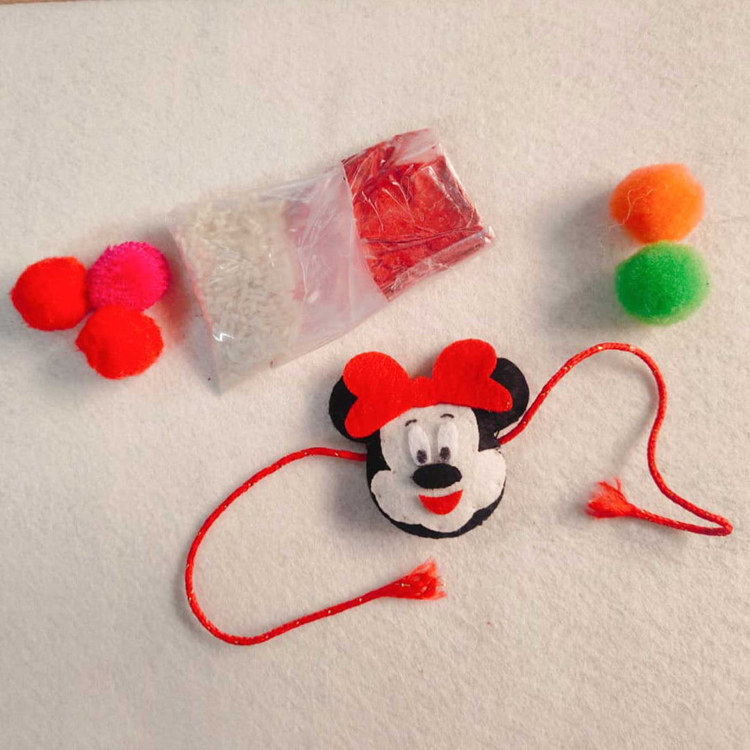 Handmade Beaded Mickey Mouse Theme Pom Pom Felt Rakhi With Roli Chawal For Kids - Full Display with Accessories