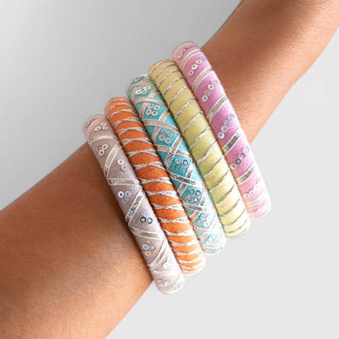 Pastel Handcrafted Silver Gotta Patti Bangles | Set of 5