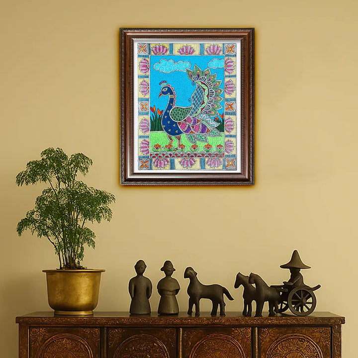 10 x 7 Inch | Dancing Peacock | Original Hand Painted Madhubani Painting On Canvas