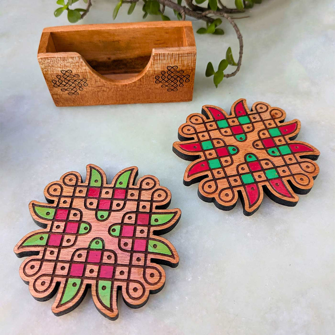 2 pc | Hand-Painted Engraved Mahogany Wood Floral Kolam Coasters With Holder For Coffee Table & Dining Decor