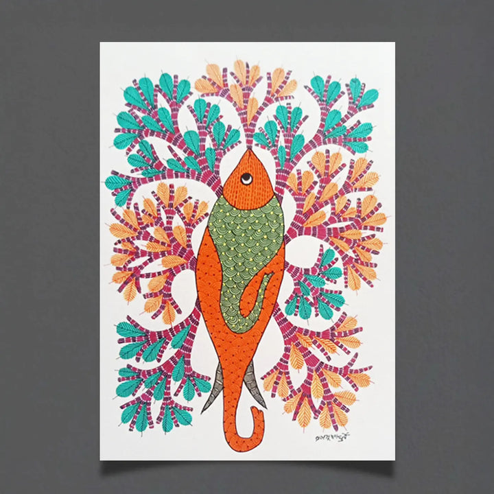 11 x 16 Inch | Orange Fish | Original Hand Painted Tribal Gond Art Painting | Acrylic Paint On Paper
