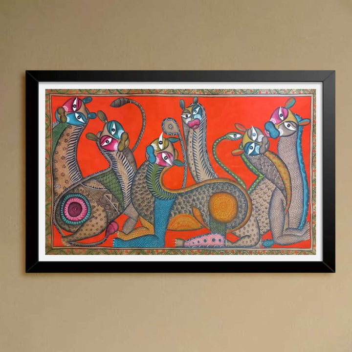 29 x 48 Inch | Cat Family | Original Hand Painted Kalighat Painting | Natural Pigment On Paper
