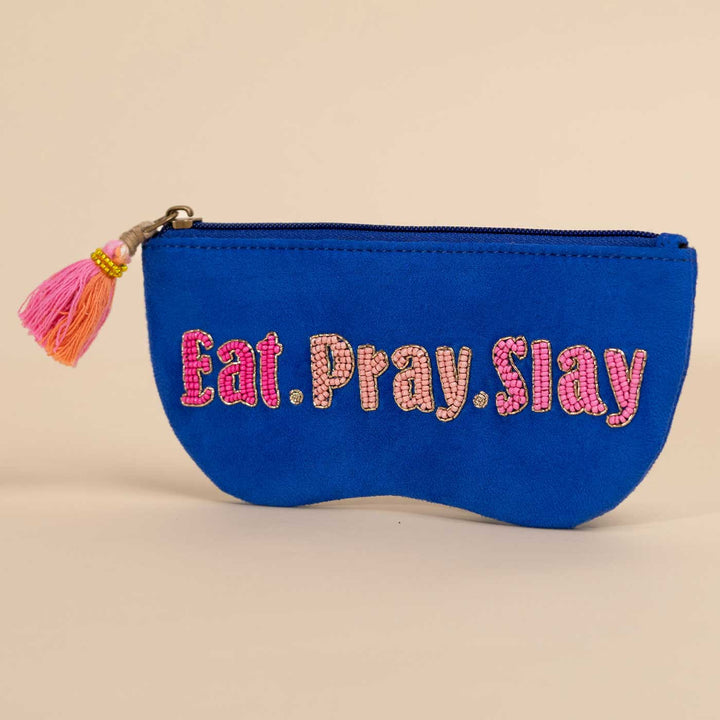 Handmade Embroidered Eat Pray Slay Design Suede Sunglass Cover