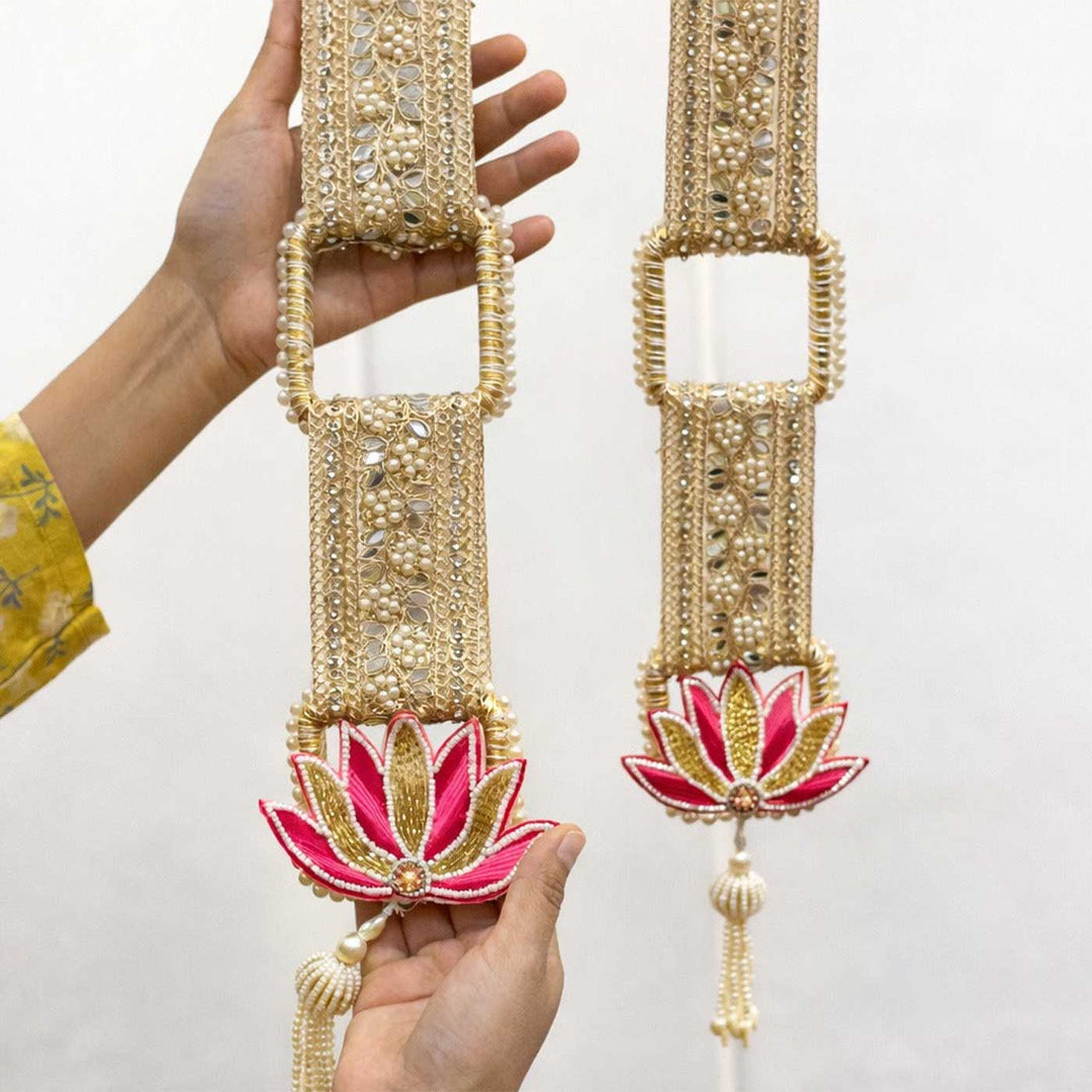 Handcrafted Gold Threadwork Door Hangings With Lotus Motif & Pearl Tassels and Bells