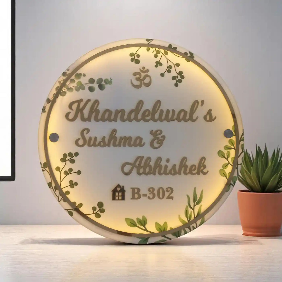 Personalized Handmade Leaf Printed Circular Acrylic Name Plate With Lights
