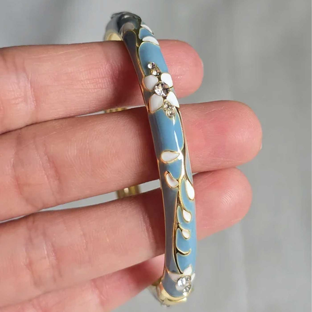 Handcrafted Floral Enamel Crystal Studded 18K Gold Plated Stainless Steel Openable Bangle - Sky Blue