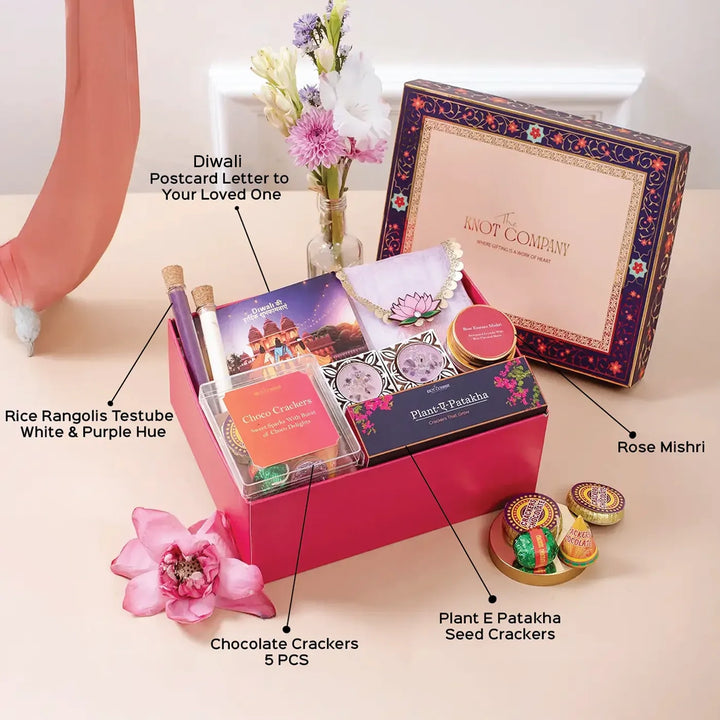 Sweets Hues of Diwali Gift Hamper | Includes 1 Postcard, 2 Rangoli Tubes, 5 Cracker Chocolates, 4 Plantable Crackers, 1 Rose Mishri, 1 Organza Potli (Pooja Samagri), 2 Tealight Holders, 1 Gift Box