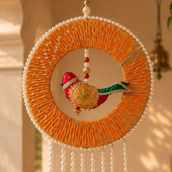 Handcrafted Chidiya Swing Gota Patti Bird Motif Wall Hanging with Beads & Pearls