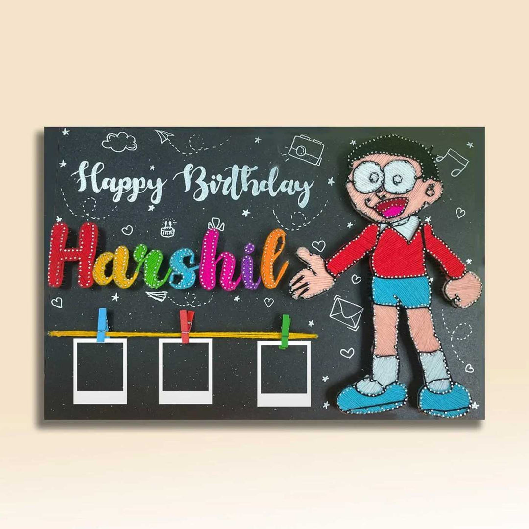 Photo Personalized String Art Nobita Theme Wooden Name Plate