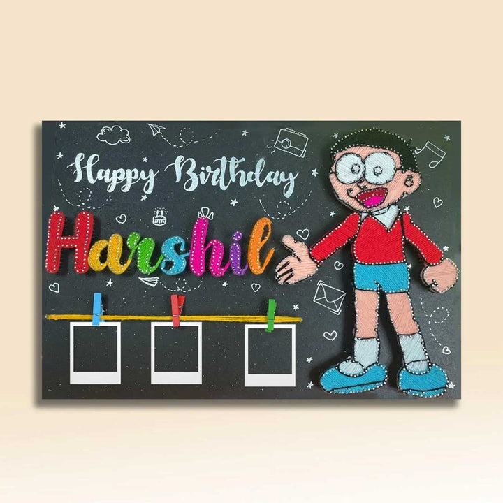 Photo Personalized String Art Nobita Theme Wooden Name Plate