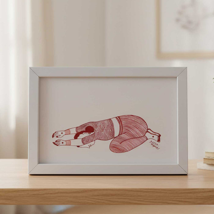 6 x 9 Inch | Balasan Yoga Pose | Minimalist Black & White Mudhubani Style Line Drawing With Frame