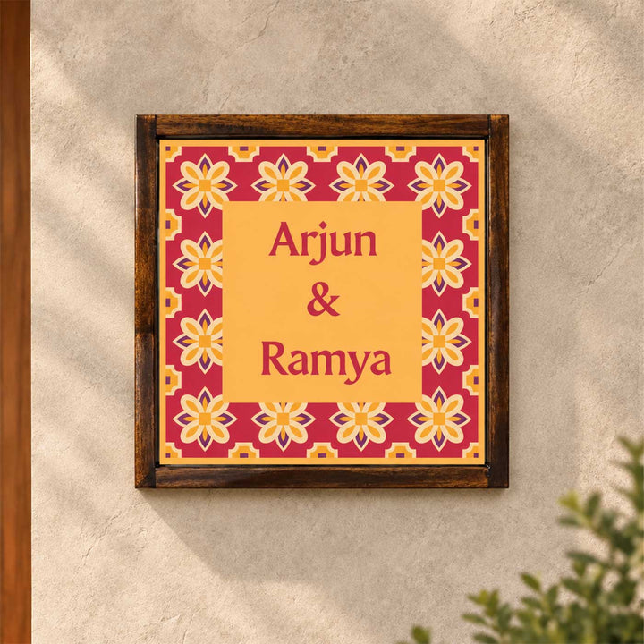 Oxidised Red Tile Vintage Personalized Square Resin & Teak Wood Frame Name Plate For Home