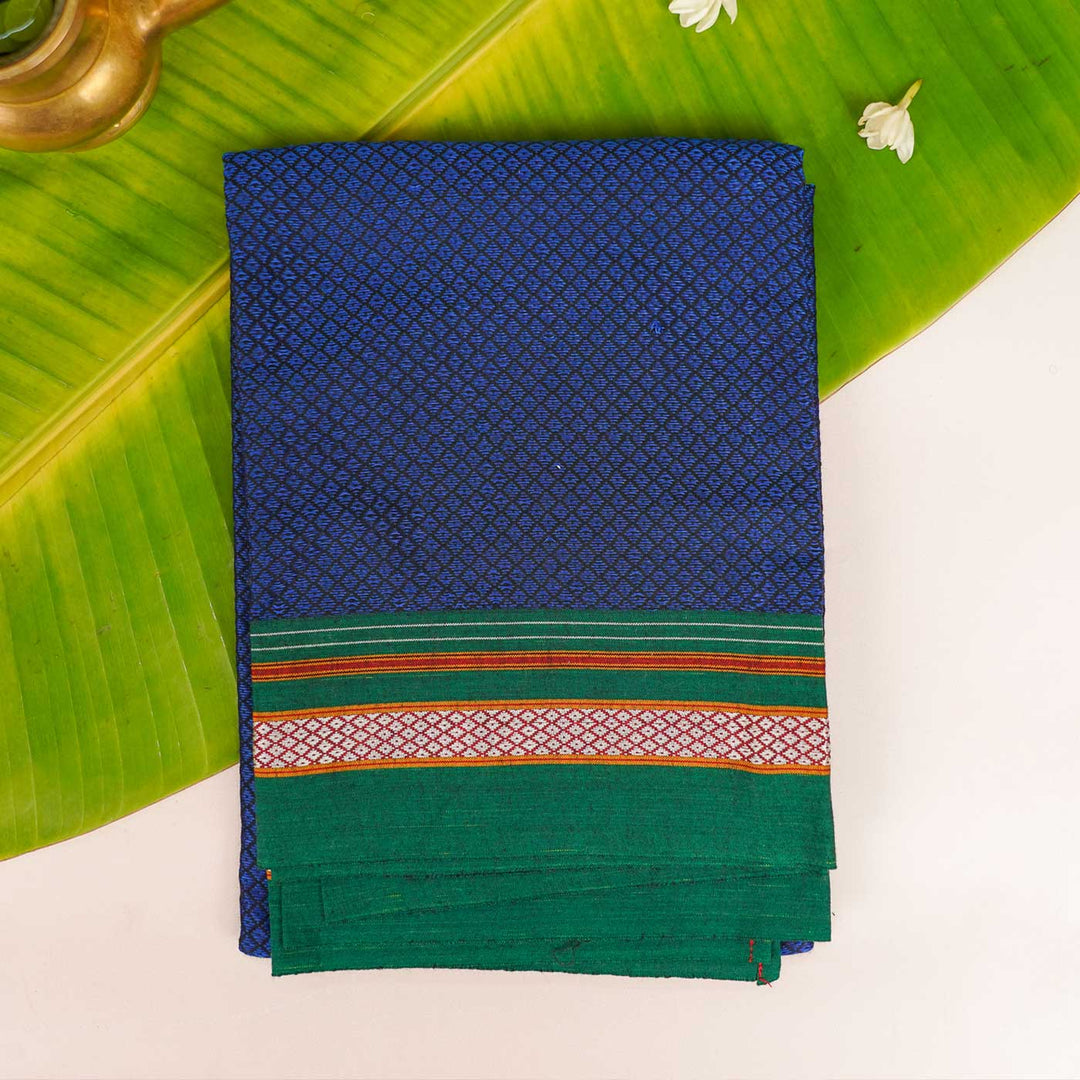Blue with Green Border Khunn Fabric Cotton Blouse Piece | 90cm