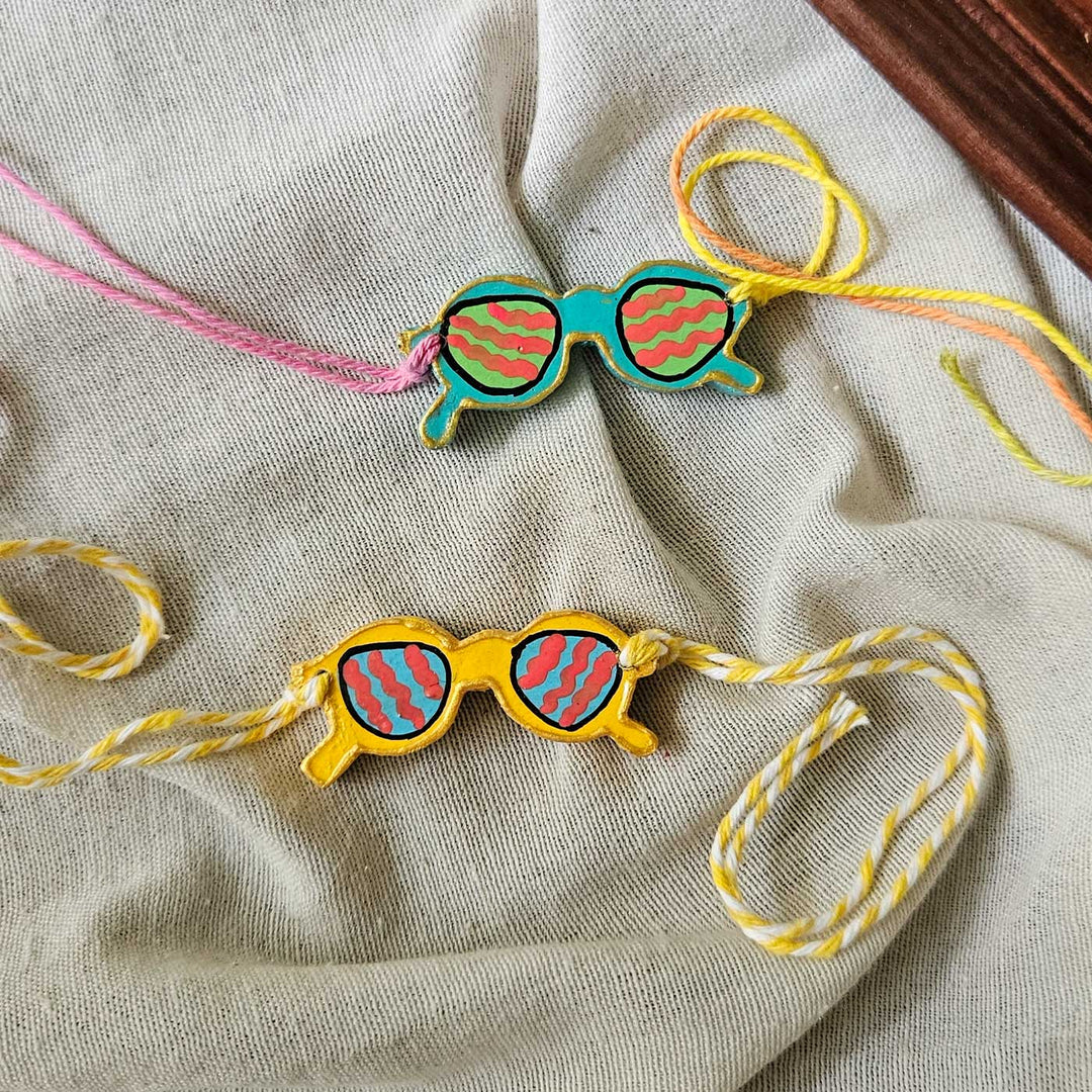 Handpainted Quirky Wooden Rakhi With Roli Chawal 13 - Two Bracelets Side by Side