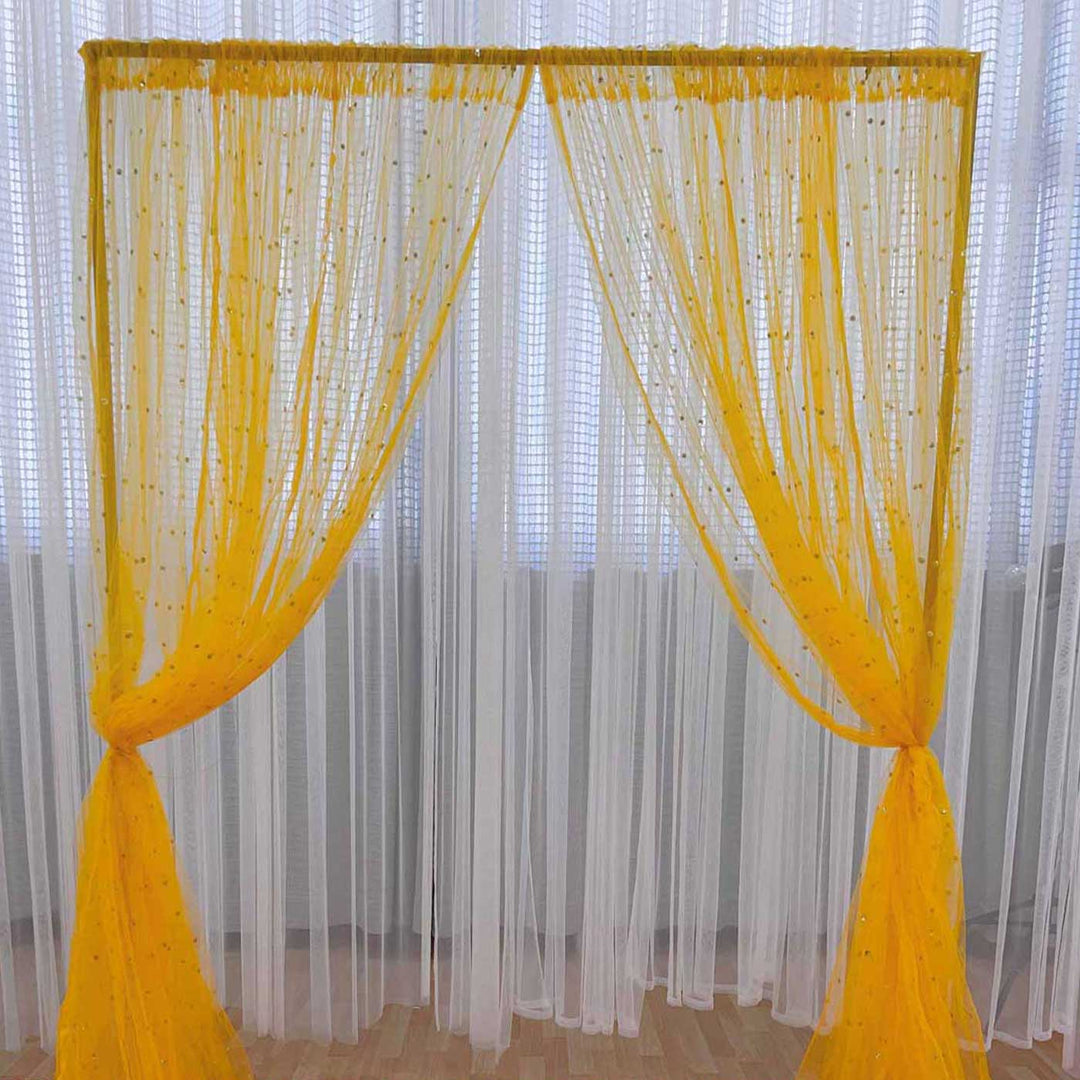 Reusable Sheer Yellow Net Backdrop Drape, Ready-to-Hang For Haldi, Mehndi & Pooja Decor