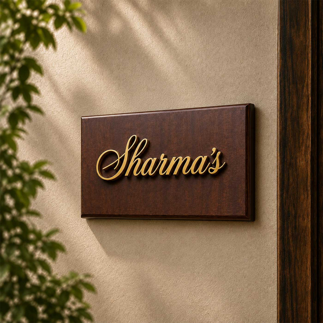 Personalized Bevelled Edge Rubber Wood Name Plate With 3D Metal Letters & Motif For Home