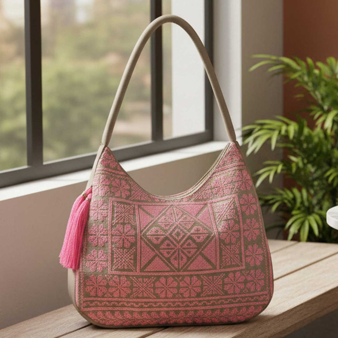 Neon Cross-Stitch Embroidered Hobo Shoulder Bag