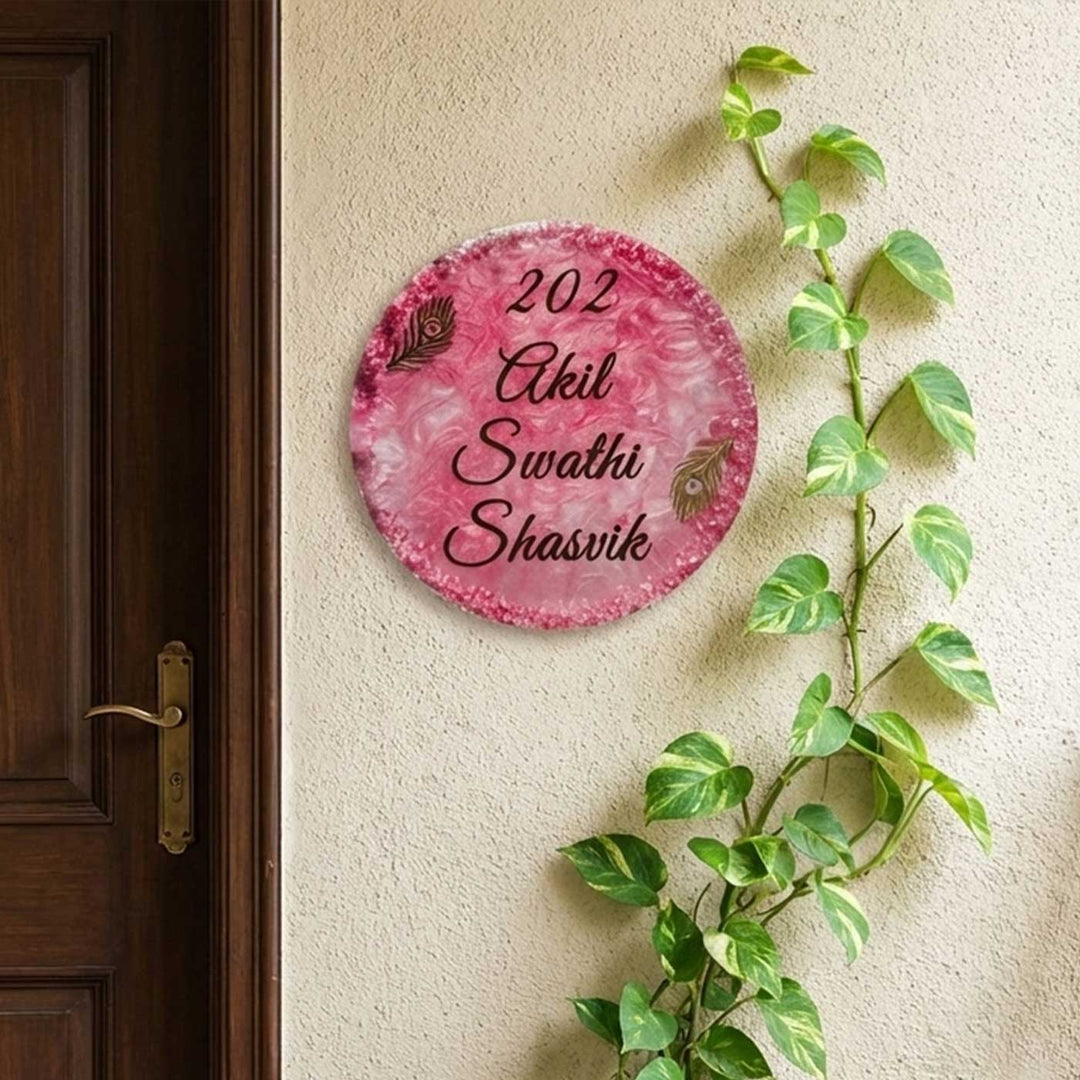 Pink Personalized Marble Effect Round Resin Name Plate | With 3D Acrylic Letters & Pink Stone Embellishment