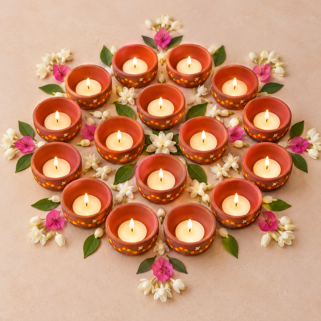 16 Pc | Hand-Painted Garland Terracotta Diya & Tealight Holders For Festive Decor