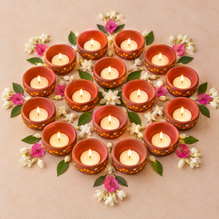 16 Pc | Hand-Painted Garland Terracotta Diya & Tealight Holders For Festive Decor