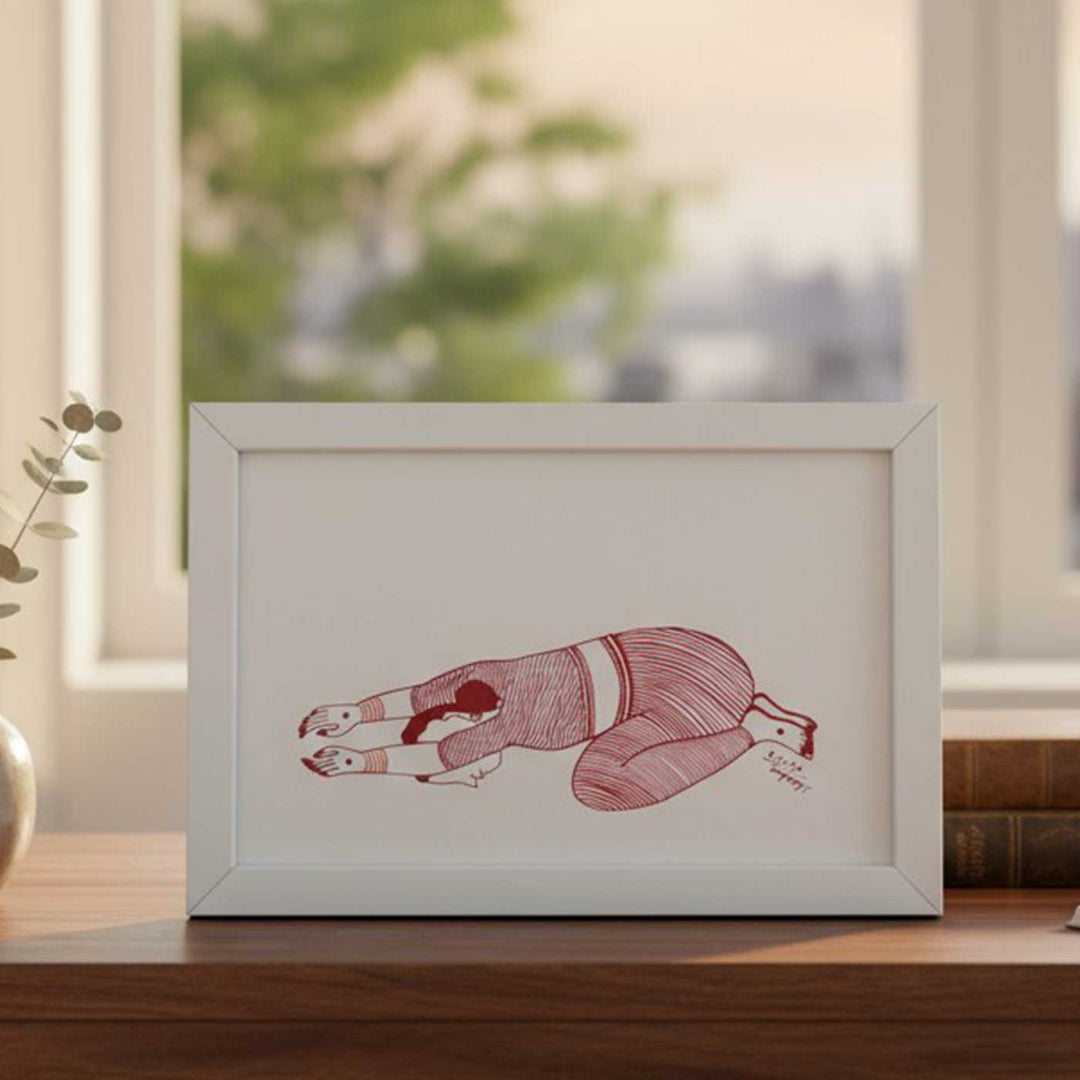 6 x 9 Inch | Balasan Yoga Pose | Minimalist Black & White Mudhubani Style Line Drawing With Frame