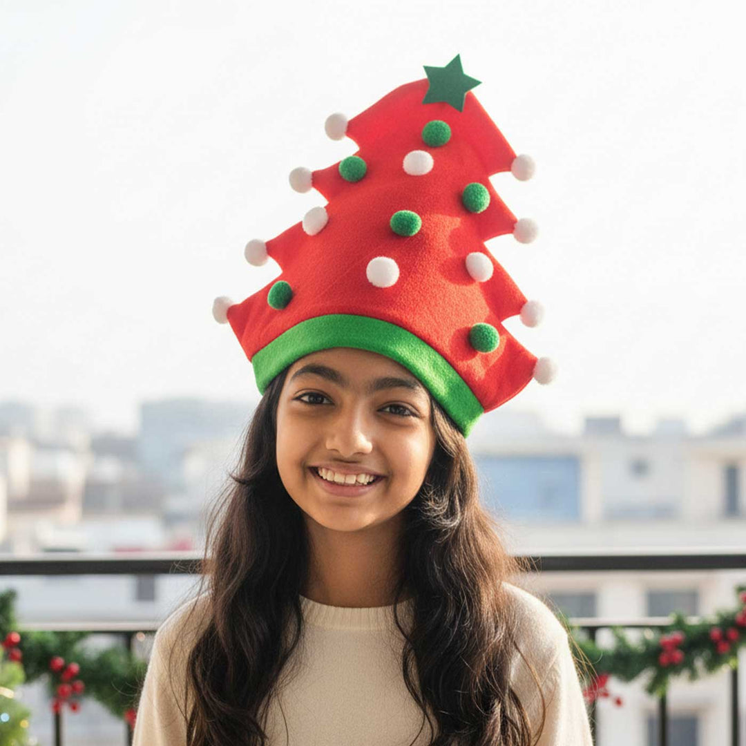 Handmade Red Pompom Christmas Tree Shaped Velvet Santa Hat | Xmas Gifting Ideas