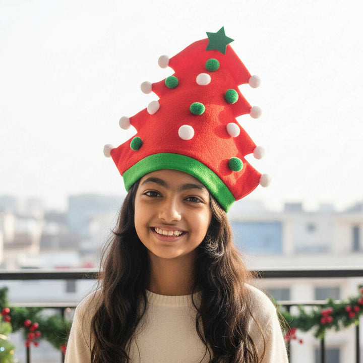 Handmade Red Pompom Christmas Tree Shaped Velvet Santa Hat | Xmas Gifting Ideas