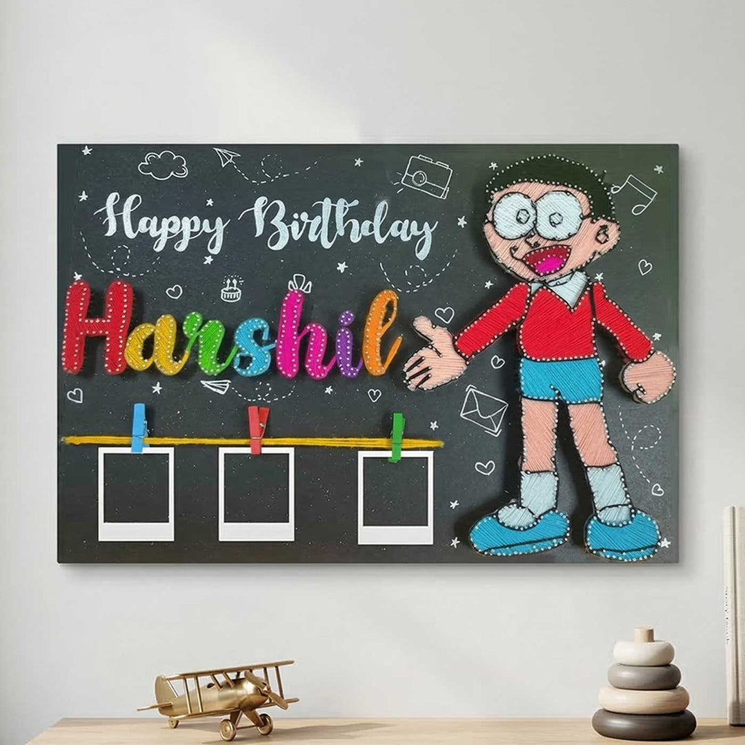 Photo Personalized String Art Nobita Theme Wooden Name Plate