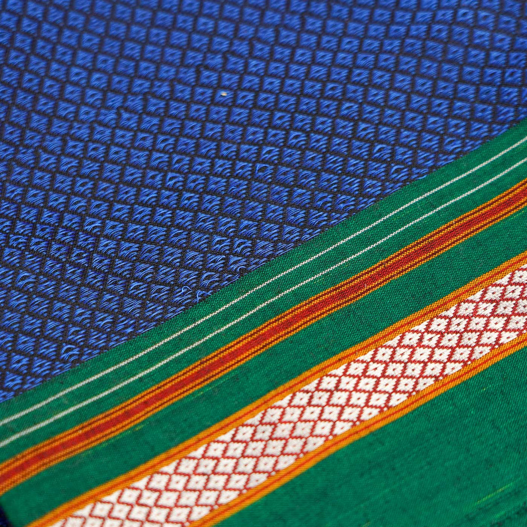 Blue with Green Border Khunn Fabric Cotton Blouse Piece | 90cm