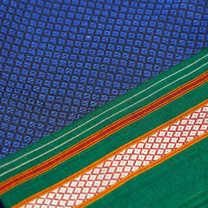 Blue with Green Border Khunn Fabric Cotton Blouse Piece | 90cm