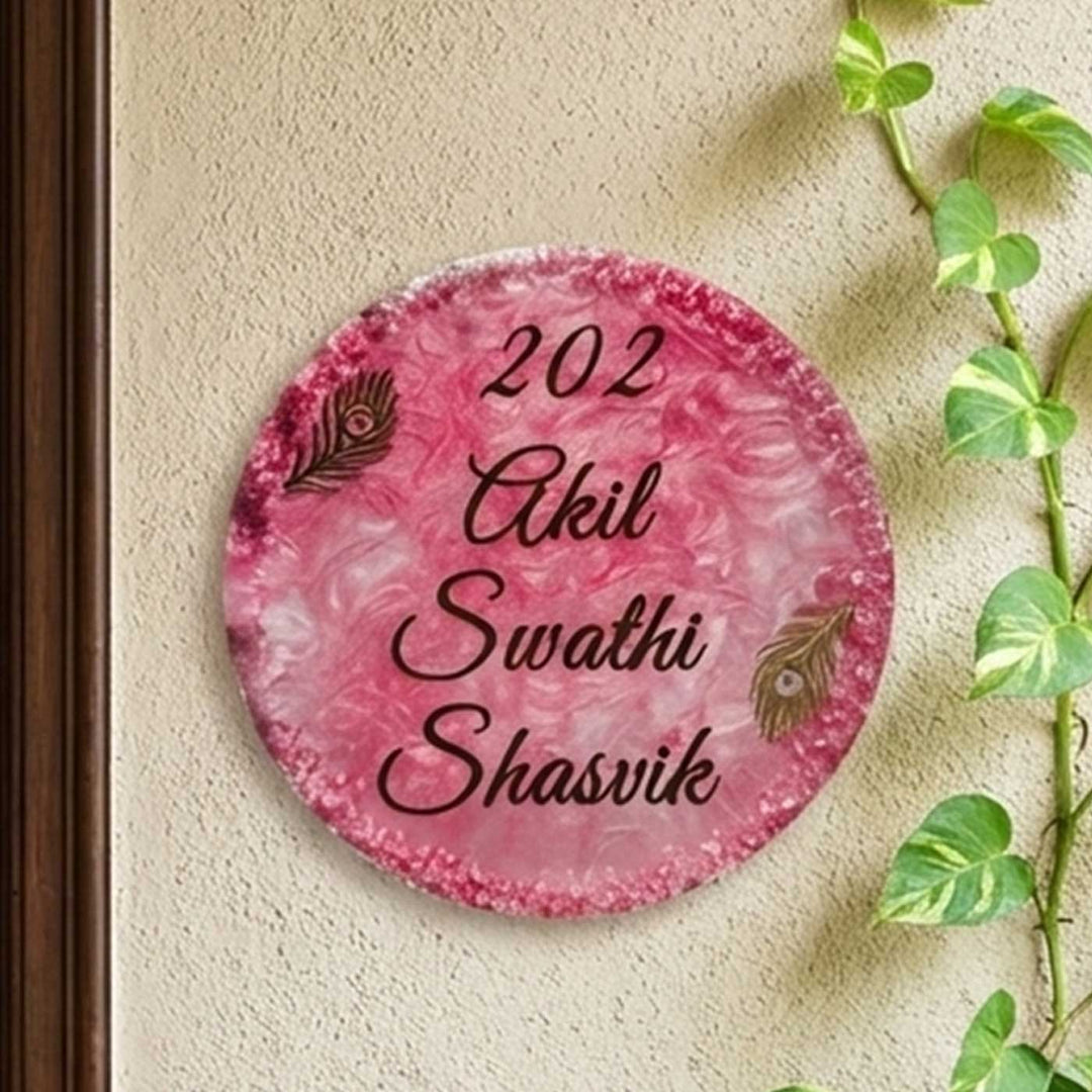Pink Personalized Marble Effect Round Resin Name Plate | With 3D Acrylic Letters & Pink Stone Embellishment