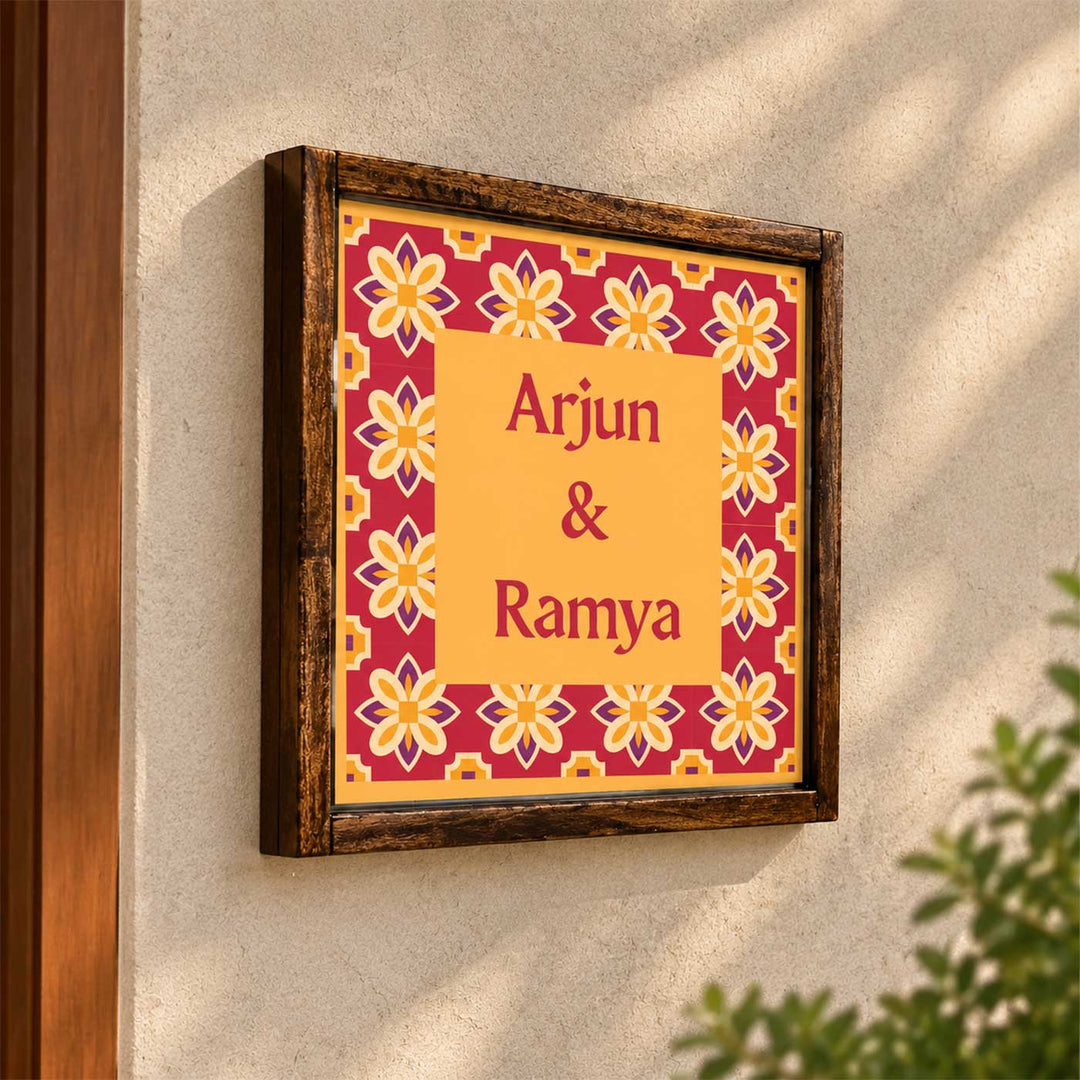 Oxidised Red Tile Vintage Personalized Square Resin & Teak Wood Frame Name Plate For Home