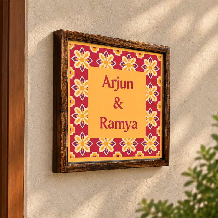 Oxidised Red Tile Vintage Personalized Square Resin & Teak Wood Frame Name Plate For Home
