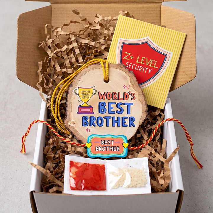 Wood Slice & Rakhi Gift Box With Kumkum Rice For Brother
