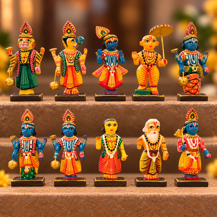 Set of 10 | Handmade Wooden Small Vishnu Dashavataar Golu Doll Toys For Festive Decor