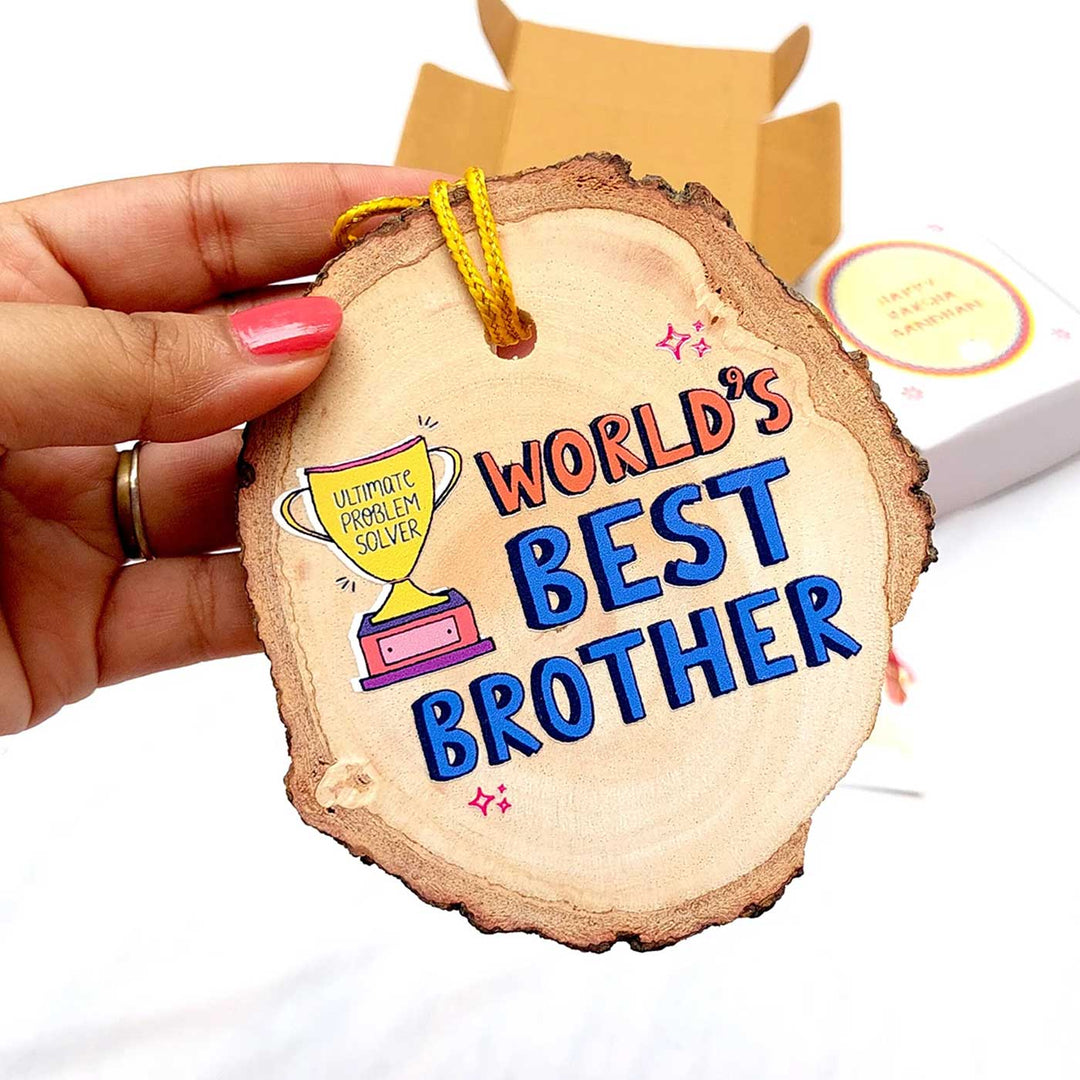 Wood Slice & Rakhi Gift Box With Kumkum Rice For Brother